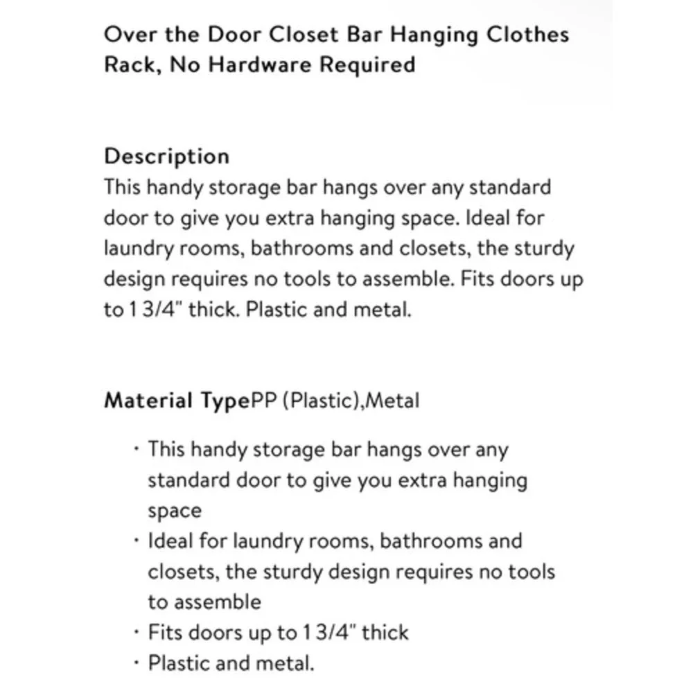 Over the Door Hanger‎ Bar Rack White Metal Closet Organizer Hanging Clothes Rail
